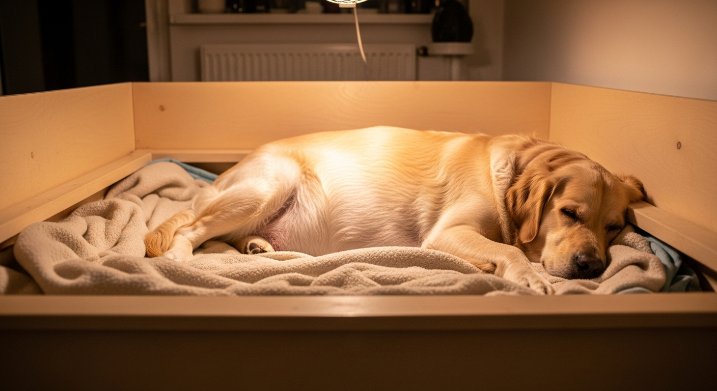 Chienne gestante allongée dans une maternité propre et confortable
