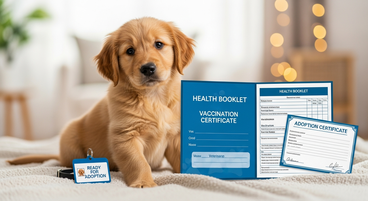 Chiot prêt à partir avec son carnet de santé et ses documents