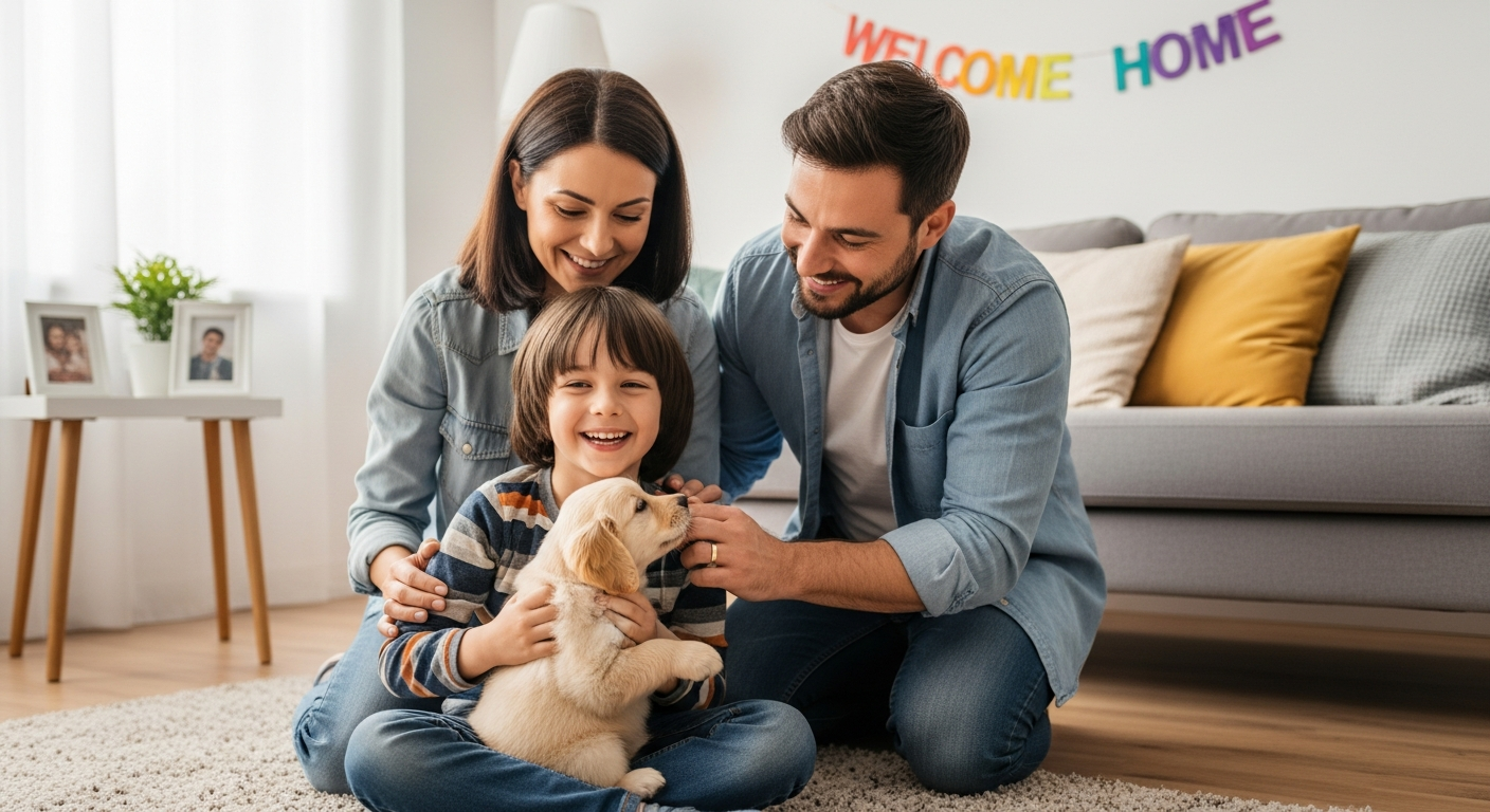 Famille accueillant un chiot chez elle avec joie