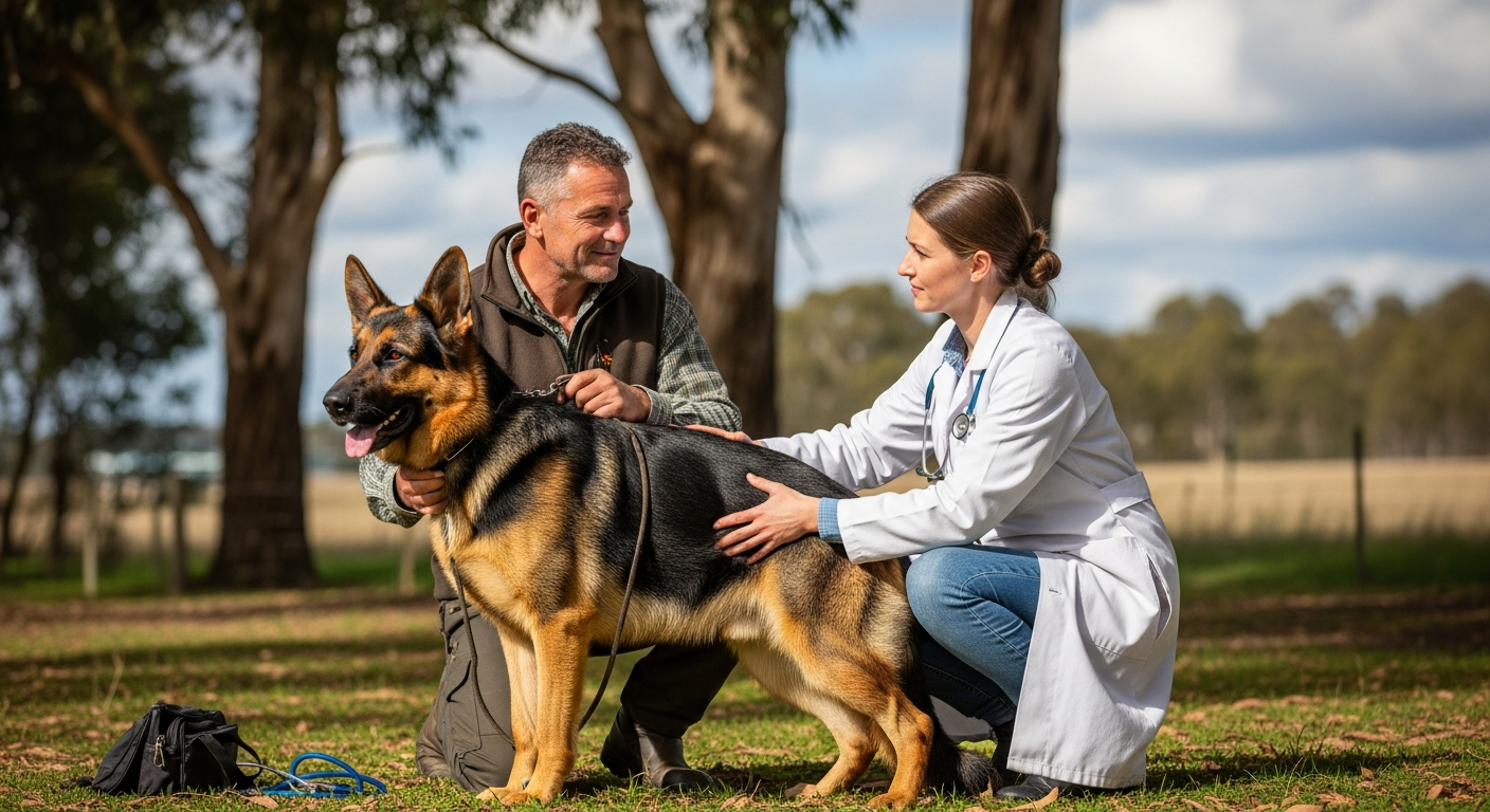 Éleveur examinant un chien reproducteur avec un vétérinaire